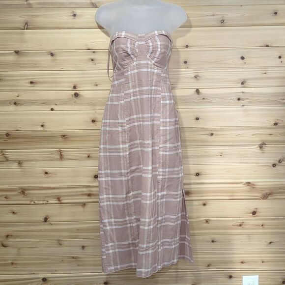 Free People Dress Womens Small Beige Life Like This Linen Strapless Midi Dress - Picture 2 of 11